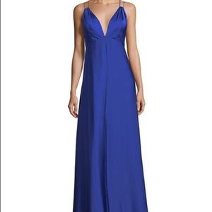 Aidan Mattox Blue Deep V Double-strap Satin Gown